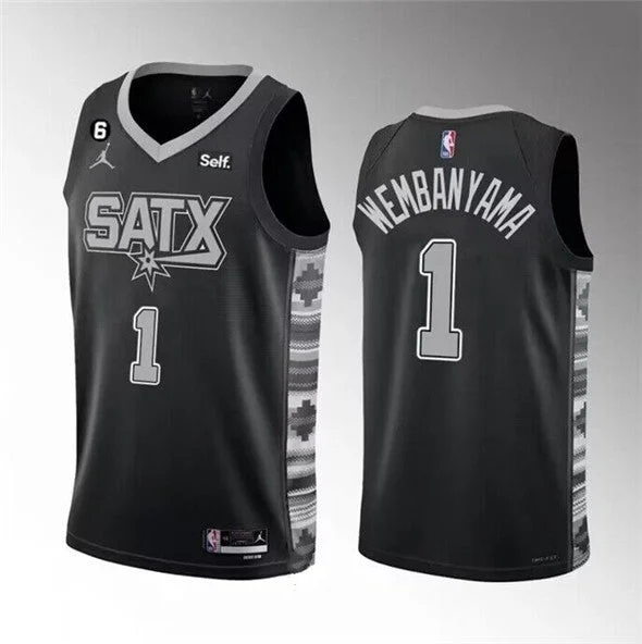 Men's San Antonio Spurs #1 Victor Wembanyama Black 2022/23 Statement Edition With NO.6 Patch Stitched Basketball Basketball Jersey