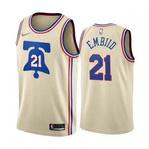 Men's Philadelphia 76ers #21 Joel Embiid Cream Earned Edition Swingman Stitched Basketball Jersey