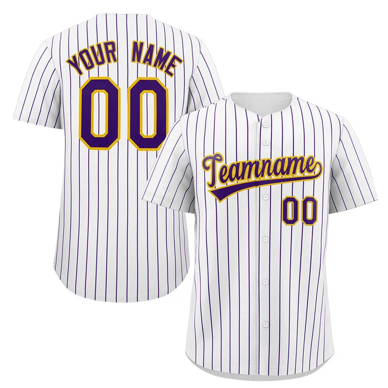 Custom White Purple-Gold Stripe Fashion Authentic Baseball Jersey