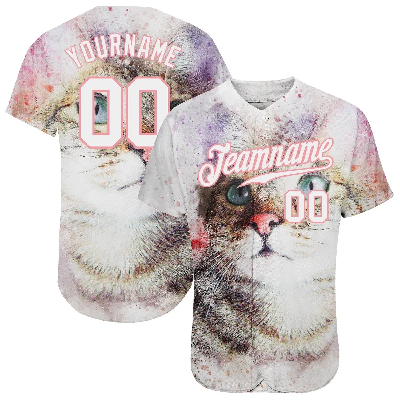 Custom White White-Medium Pink 3D Pattern Design Cat Authentic Baseball Jersey