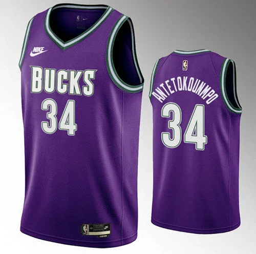 Men's Milwaukee Bucks #34 Giannis Antetokounmpo 2022/23 Purple Classic Edition Swingman Stitched Basketball Basketball Jersey