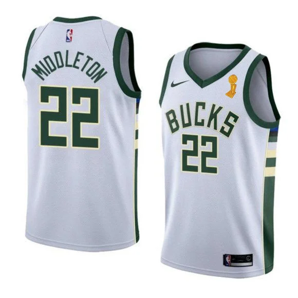 Men's Milwaukee Bucks #22 Khris Middleton 2021 White Finals Champions Stitched Basketball Basketball Jersey