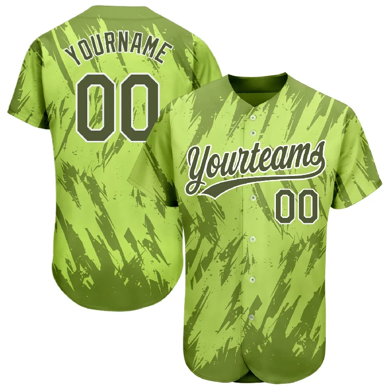 Custom Neon Green Olive-White 3D Pattern Design Authentic Baseball Jersey