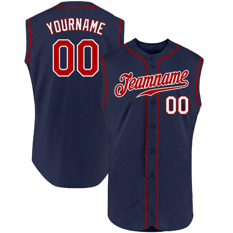 Custom Navy Red-White Authentic Sleeveless Baseball Jersey