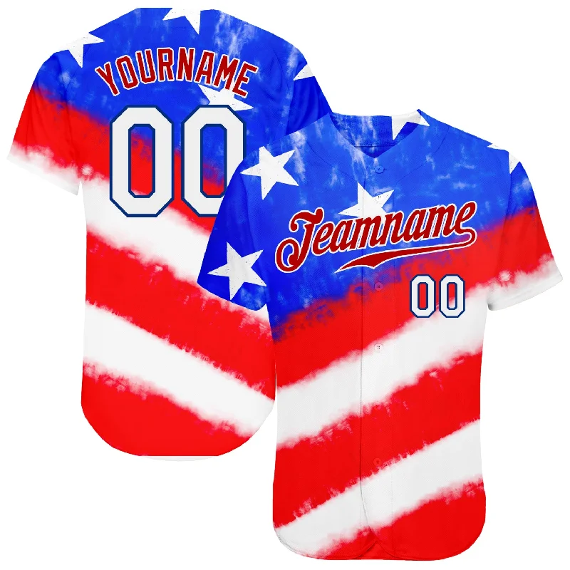 Custom Tie Dye White-Royal 3D American Flag Authentic Baseball Jersey