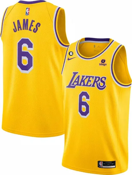 Men's Los Angeles Lakers #6 LeBron James Yellow No.6 Patch Stitched Basketball Basketball Jersey