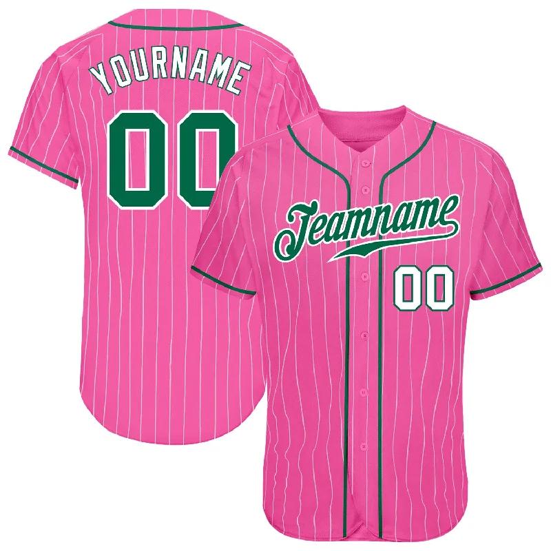 Custom Pink White Pinstripe Kelly Green-White Authentic Baseball Jersey