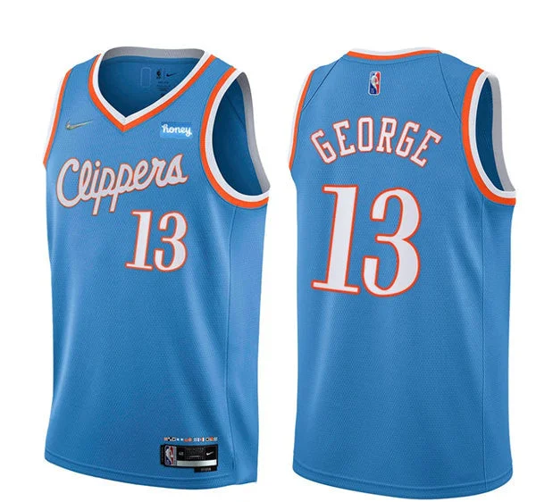 Men's Los Angeles Clippers #13 Paul George 2021/22 City Edition Light Blue 75th Anniversary Stitched Basketball Basketball Jersey