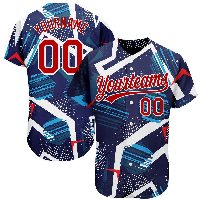 Custom Navy Red-White 3D Pattern Design Authentic Baseball Jersey