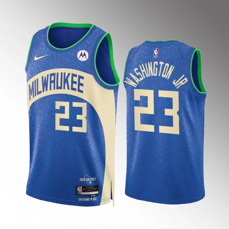 Men's Milwaukee Bucks #23 TyTy Washington Jr. Blue 2023/24 City Edition Stitched Basketball Basketball Jersey