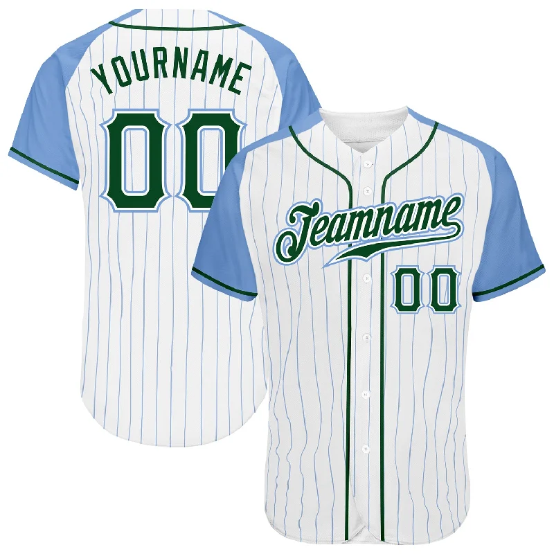 Custom White Light Blue Pinstripe Green-Light Blue Authentic Raglan Sleeves Baseball Jersey