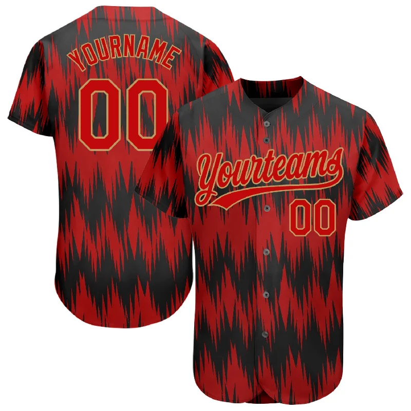 Custom Red Red Old Gold-Black 3D Pattern Design Authentic Baseball Jersey