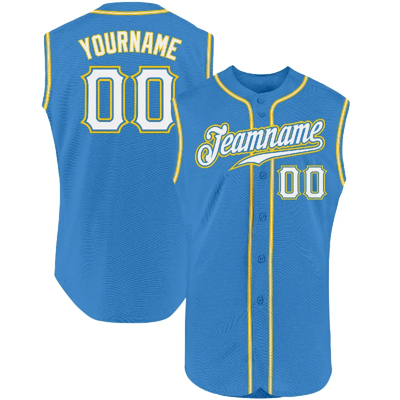 Custom Powder Blue White-Gold Authentic Sleeveless Baseball Jersey