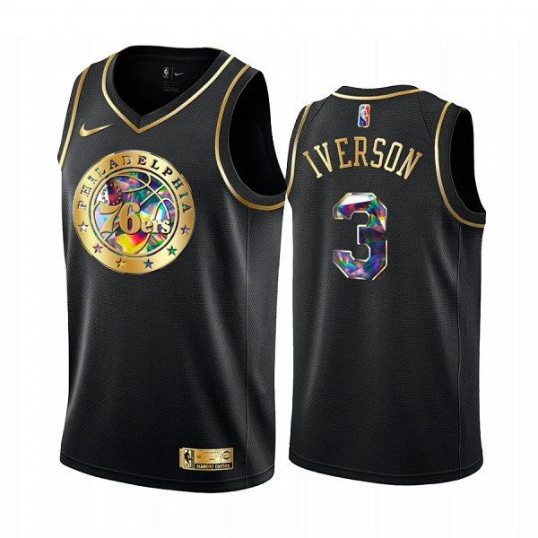 Men's Philadelphia 76ers #3 Allen Iverson 2021/22 Black Golden Edition 75th Anniversary Diamond Logo Stitched Basketball Basketball Jersey