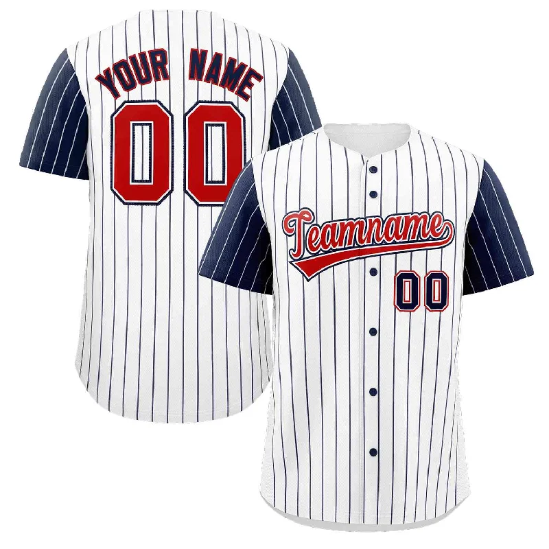 Custom White Red-Navy Stripe Fashion Raglan Sleeves Authentic Baseball Jersey