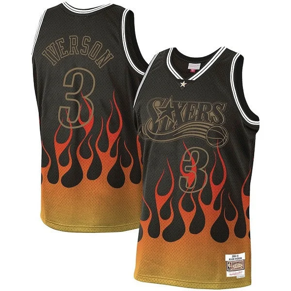 Men's Philadelphia 76ers #3 Allen Iverson Black Mitchell & Ness 2000-01 Hardwood Classics Swingman Flames Stitched Basketball Jersey