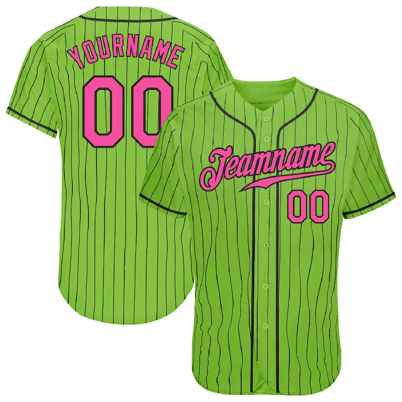 Custom Neon Green Black Pinstripe Pink-Black Authentic Baseball Jersey