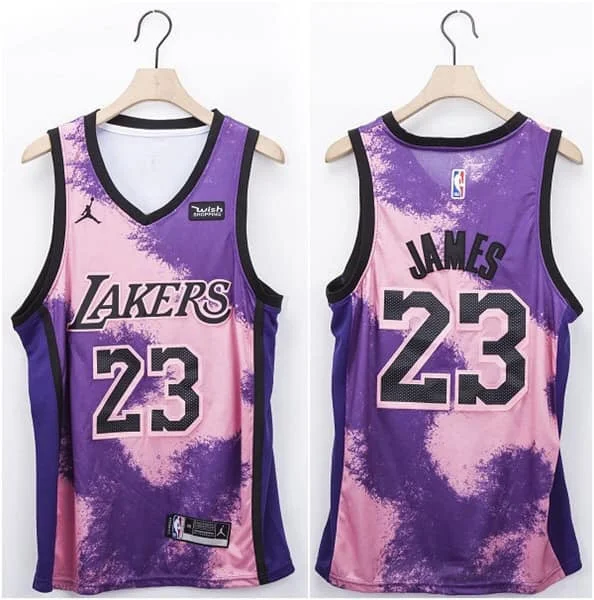 Men's Los Angeles Lakers #23 LeBron James Pink & Purple Stitched Basketball Basketball Jersey