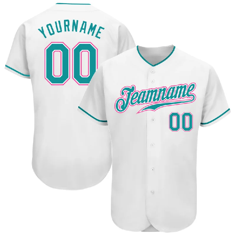 Custom White Teal-Pink Authentic Baseball Jersey