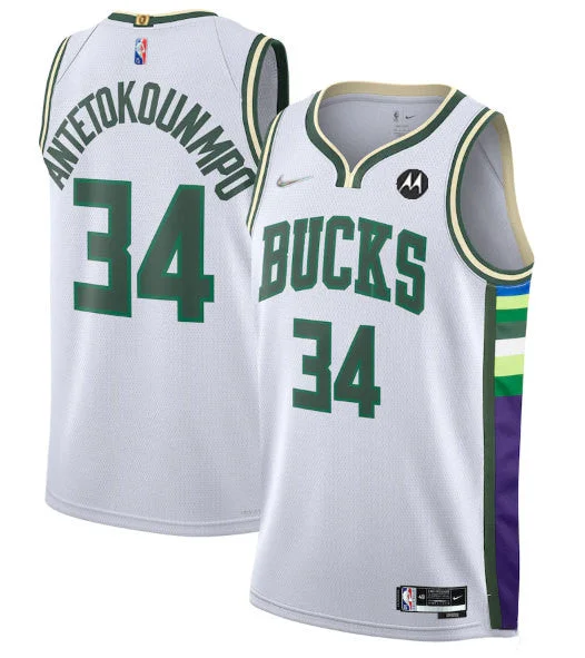 Men's Milwaukee Bucks #34 Giannis Antetokounmpo White 2021/22 75th Anniversary Swingman City Edition Stitched Basketball Jersey