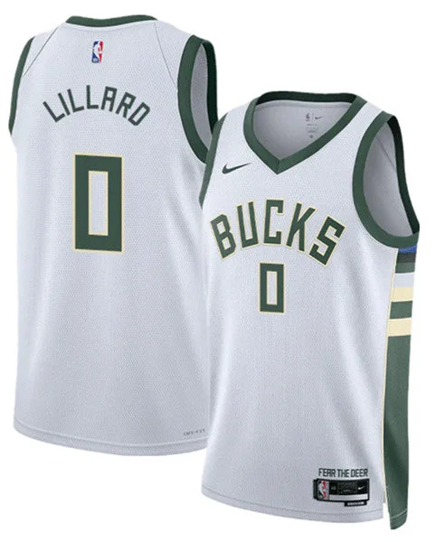 Men's Milwaukee Bucks #0 Damian Lillard White Icon Edition Stitched Basketball Basketball Jersey