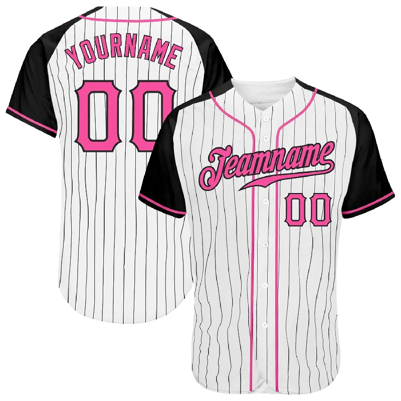 Custom White Black Pinstripe Pink-Black Authentic Raglan Sleeves Baseball Jersey