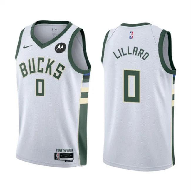 Men's Milwaukee Bucks #0 Damian Lillard White Association Edition Stitched Basketball Basketball Jersey