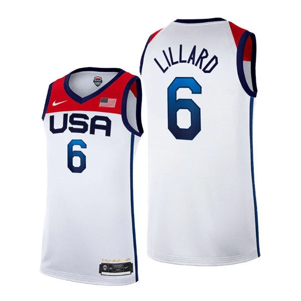 Men's USA Basketball #6 Damian Lillard 2021 White Tokyo Olympics Stitched Home Basketball Jersey