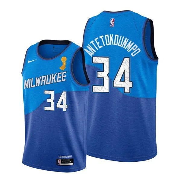 Men's Milwaukee Bucks #34 Giannis Antetokounmpo 2021 Blue Finals Champions Stitched Basketball Basketball Jersey