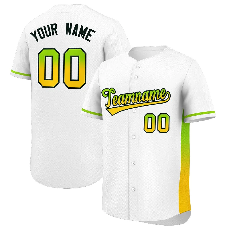 Custom White Neon Green-Gold Personalized Gradient Font And Side Design Authentic Baseball Jersey