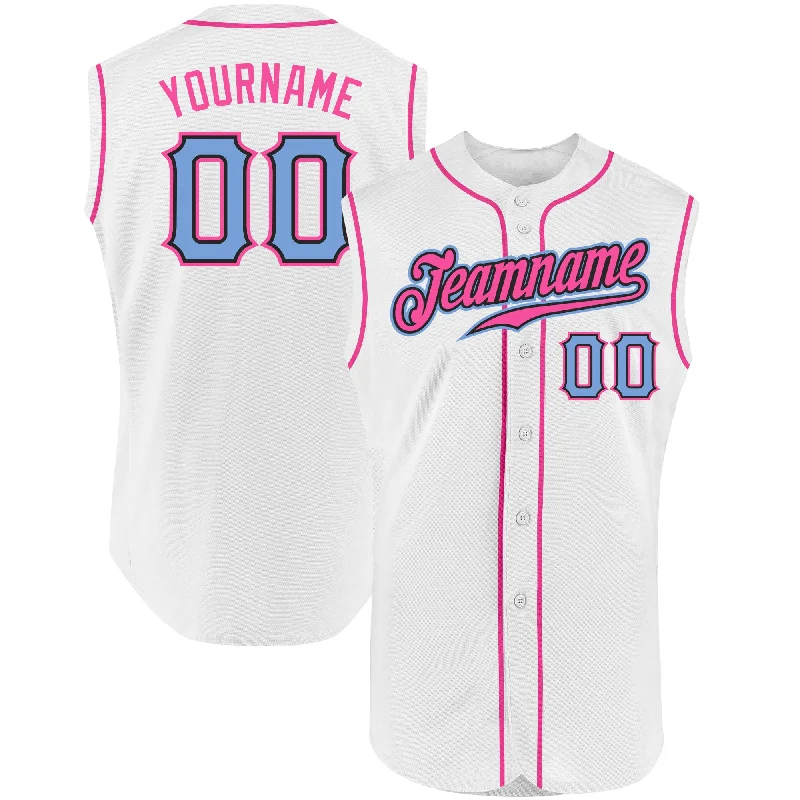 Custom White Light Blue-Pink Authentic Sleeveless Baseball Jersey