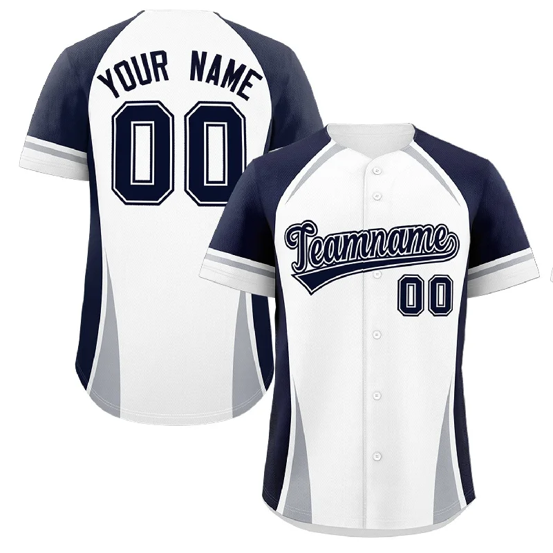 Custom White Navy-Gray Personalized Color Block Authentic Baseball Jersey