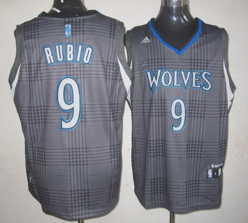 Timberwolves 9 Rubio Grey Grid Basketball Jerseys