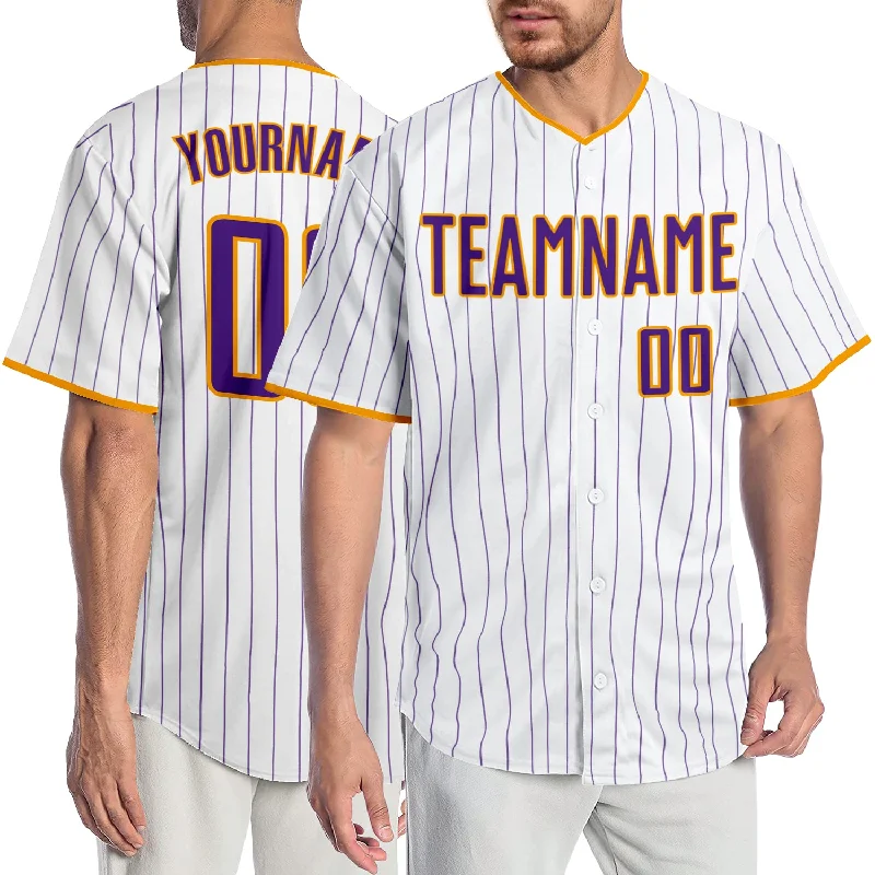 Custom White Purple Pinstripe Purple-Gold Authentic Baseball Jersey