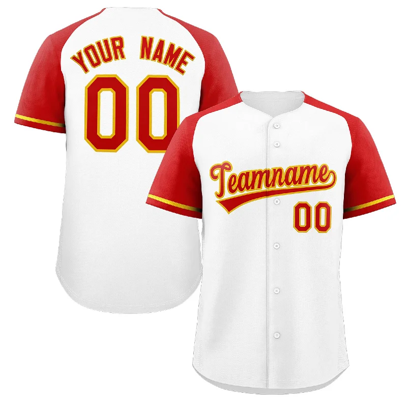 Custom White Red-Yellow Raglan Sleeves Authentic Baseball Jersey