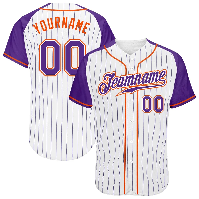 Custom White Purple Pinstripe Purple-Orange Authentic Raglan Sleeves Baseball Jersey