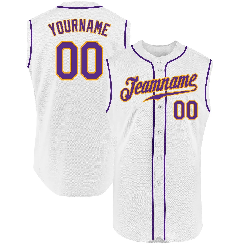 Custom White Purple-Gold Authentic Sleeveless Baseball Jersey