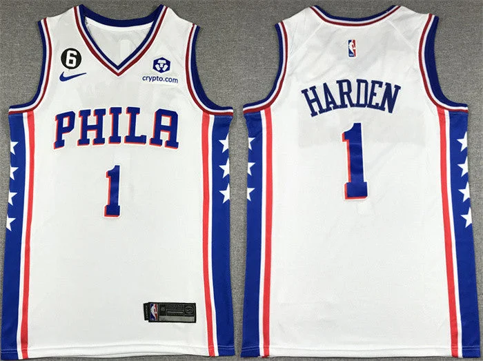 Men's Philadelphia 76ers #1 James Harden White With NO.6 Patch Stitched Basketball Jersey