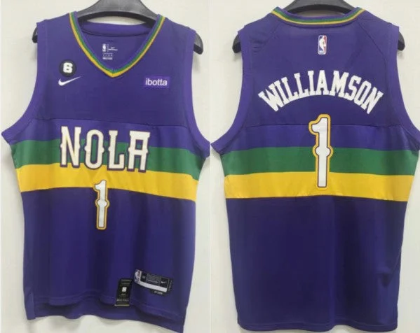 Men's New Orleans Pelicans #1 Zion Williamson Purple With NO.6 Patch Stitched Basketball Basketball Jersey