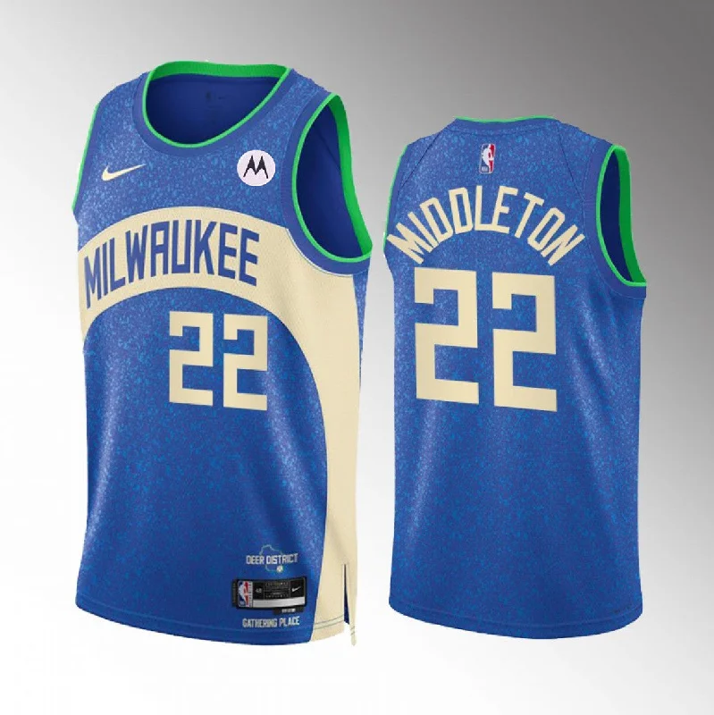 Men's Milwaukee Bucks #22 Khris Middleton Blue 2023/24 City Edition Stitched Basketball Basketball Jersey