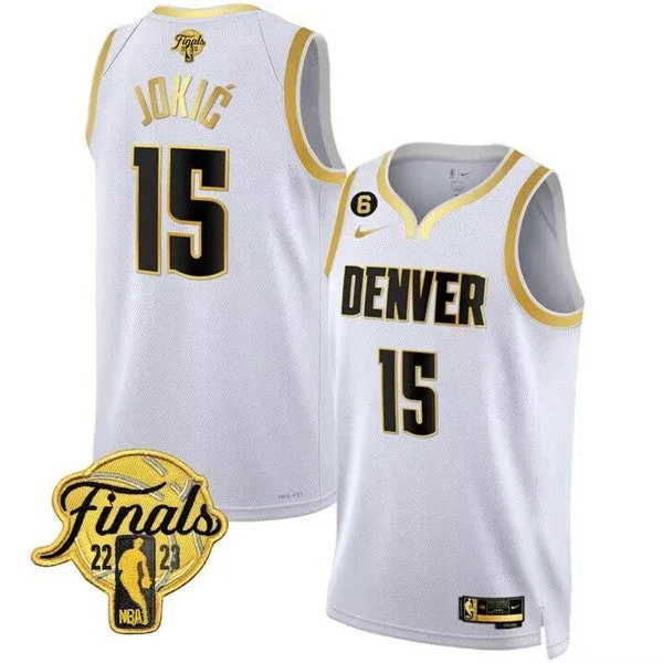 Men's Denver Nuggets #15 Nikola Jokic White 2023 Finals Collection With NO.6 Patch Stitched Basketball Basketball Jersey