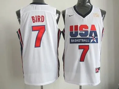 Team USA 7 Bird White m&n Basketball Jerseys