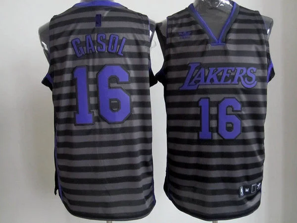 Lakers 16 Gasol Black Gride Grey Basketball Jerseys