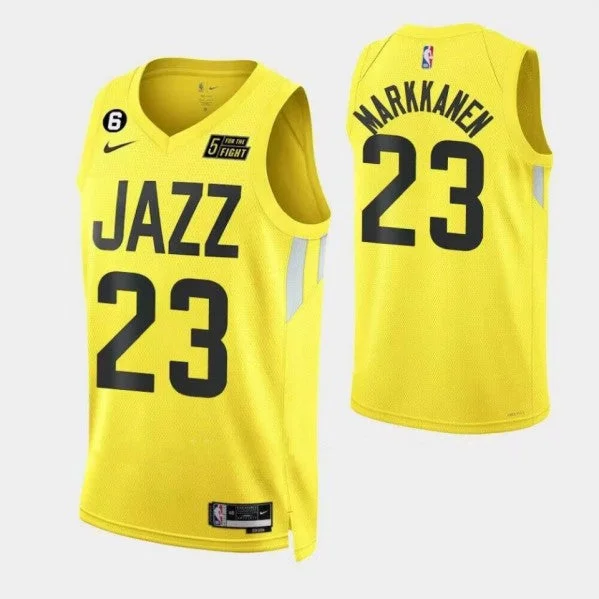 Men's Utah Jazz #23 Lauri Elias Markkanen With No.6 Patch Yellow 2022/23 Association Edition Stitched Basketball Basketball Jersey