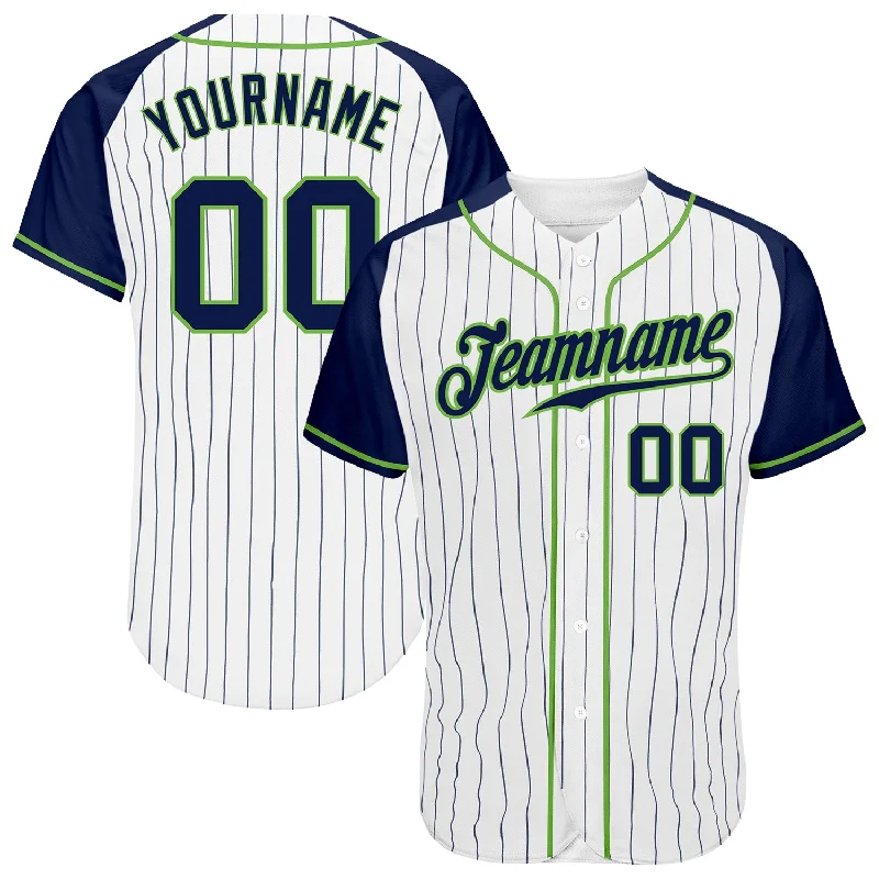 Custom White Navy Pinstripe Navy-Neon Green Authentic Raglan Sleeves Baseball Jersey