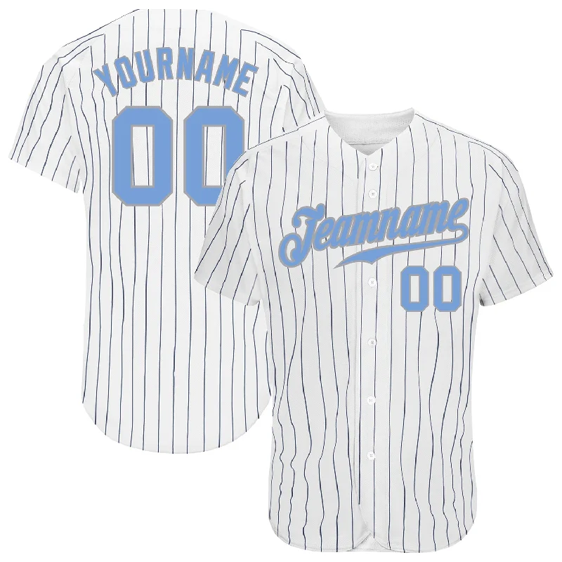 Custom White Navy Pinstripe Light Blue-Gray Authentic Baseball Jersey