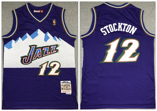 Men's Utah Jazz #12 John Stockton Purple Throwback Stitched Basketball Jersey