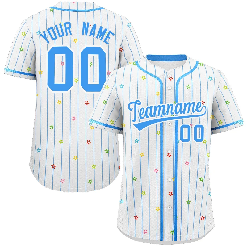 Custom White Powder Blue Stripe Fashion Personalized Star Pattern Authentic Baseball Jersey