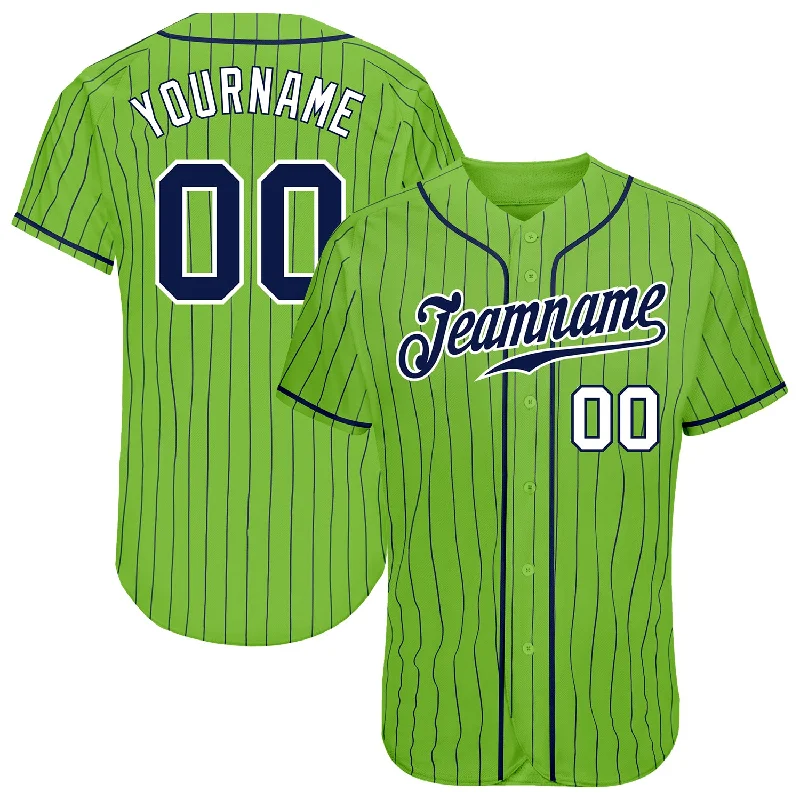 Custom Neon Green Navy Pinstripe Navy-White Authentic Baseball Jersey