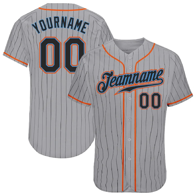 Custom Gray Black Pinstripe Black-Powder Blue Authentic Baseball Jersey